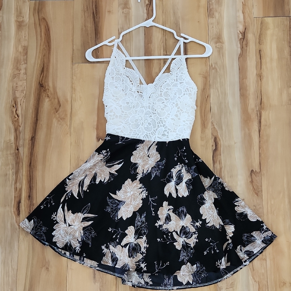 Zaful White Lace and Black Floral Mini Dress
